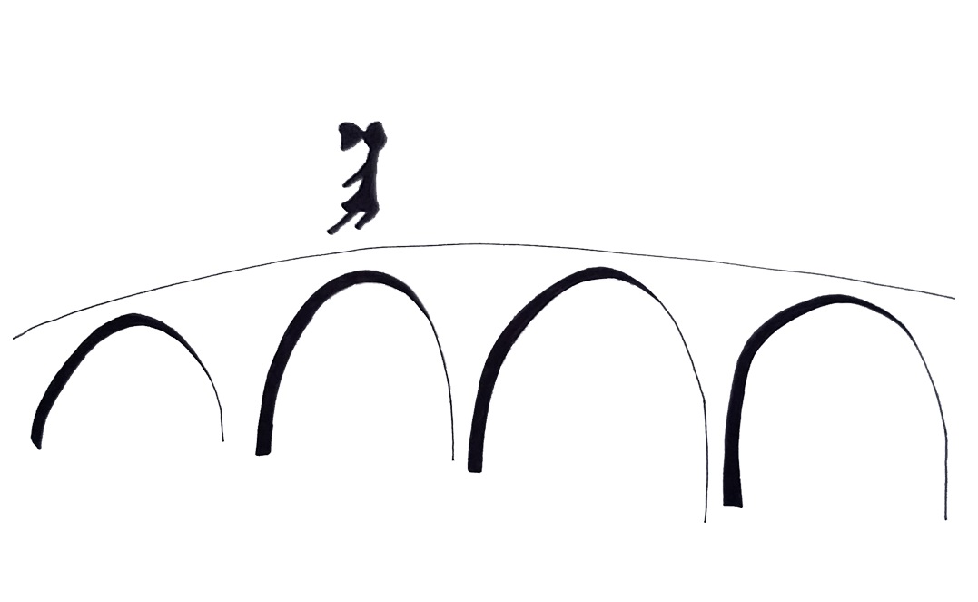 Decorative divider: Dark silhouette of Flying Amrita leaping over the Landwasser Viaduct of the Bernina Express. Inspired by Natsumi Hayashi's photography, this iconic image represents a leap toward freedom and hope, symbolizing the spirit of the Amrita Express project.
