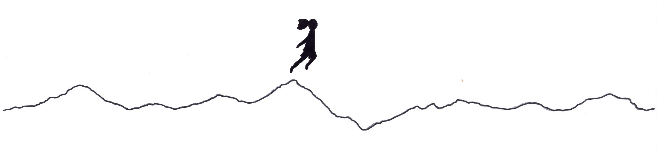 Decorative divider: Dark silhouette of Flying Amrita leaping over the Alpine ridge of Marmora. Inspired by Natsumi Hayashi's photography, the image symbolizes a leap toward freedom and the spirit of the Amrita Express project.
